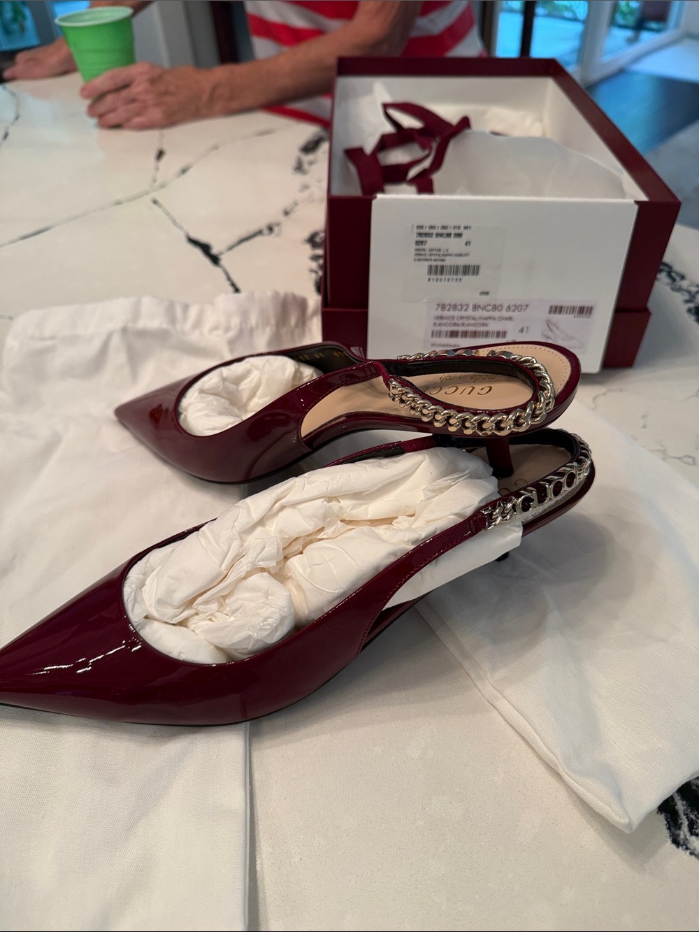 Gucci Burgundy Patent Leather Slingback Mumps with Chain Strap - Picture 1 of 3